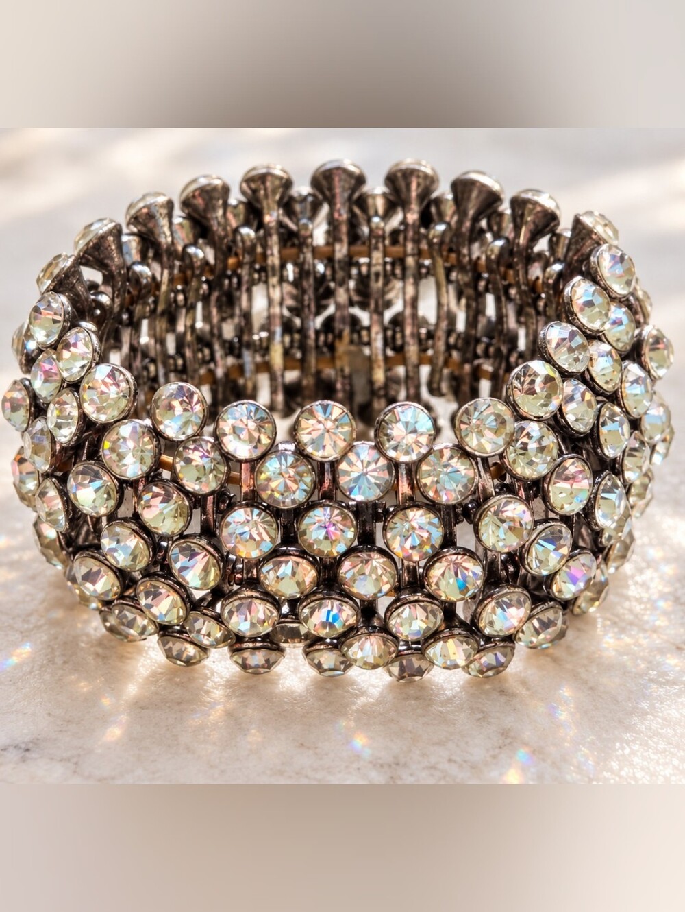 Vintage Heavy Crystal Stretch Bracelet – Statement Rhinestone Cuff – Iridescent